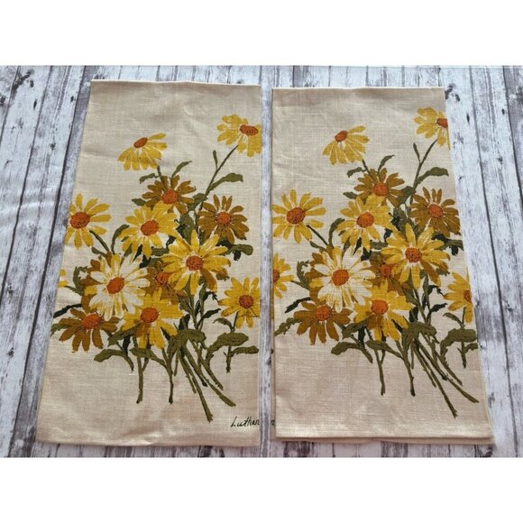 NEW Vintage MCM Linen Tea Kitchen Towels Yellow Beige Daisy  Luther Travis PAIR - Picture 1 of 9